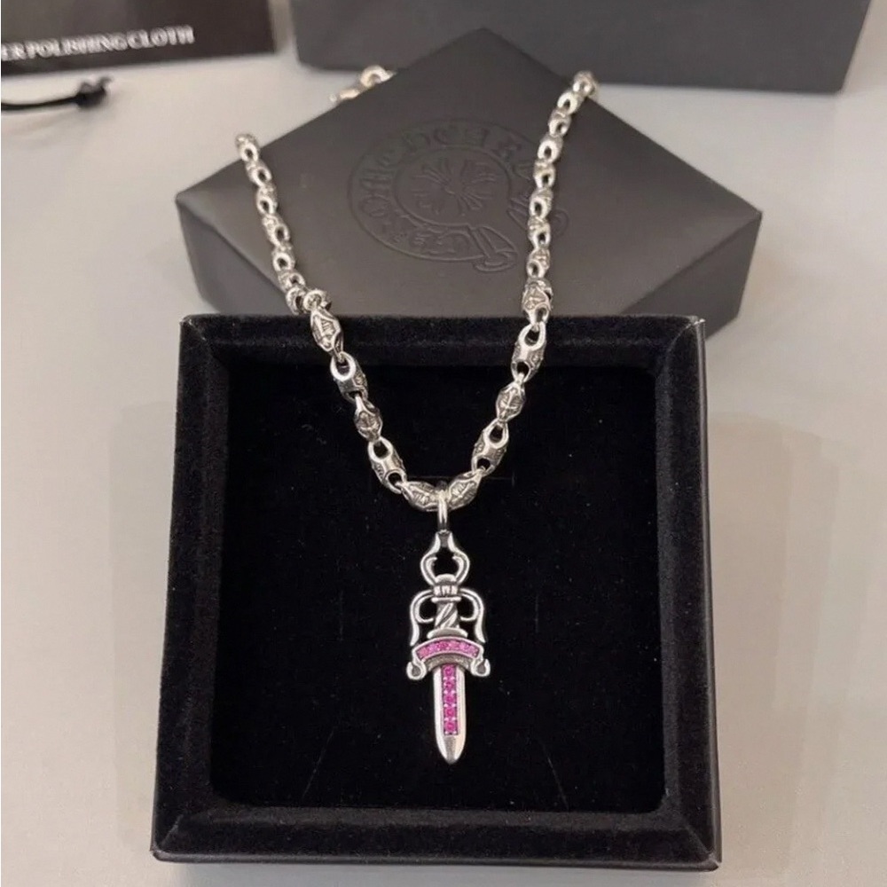Chrome Hearts 925 Silver Dagger Ruby Pendant Cross Chain Necklace